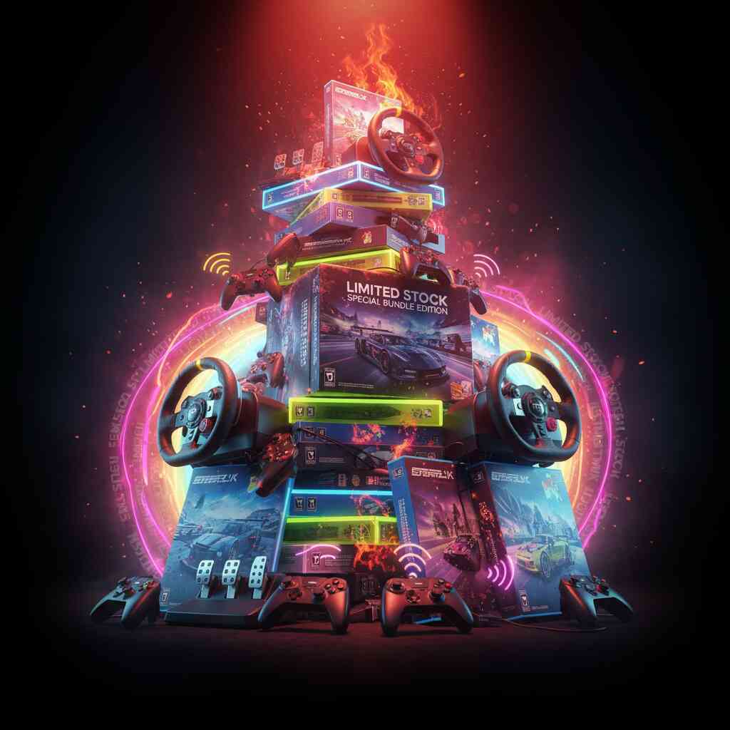 Tower of blazing game bundles with controllers and racing wheels—scarcity, temptation, and fiery spotlight on limited stock special edition