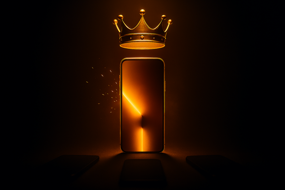 Golden glowing smartphone crowned with a fiery crown—symbol of premium status, Apple’s power play, emotional triumph and irresistible allure