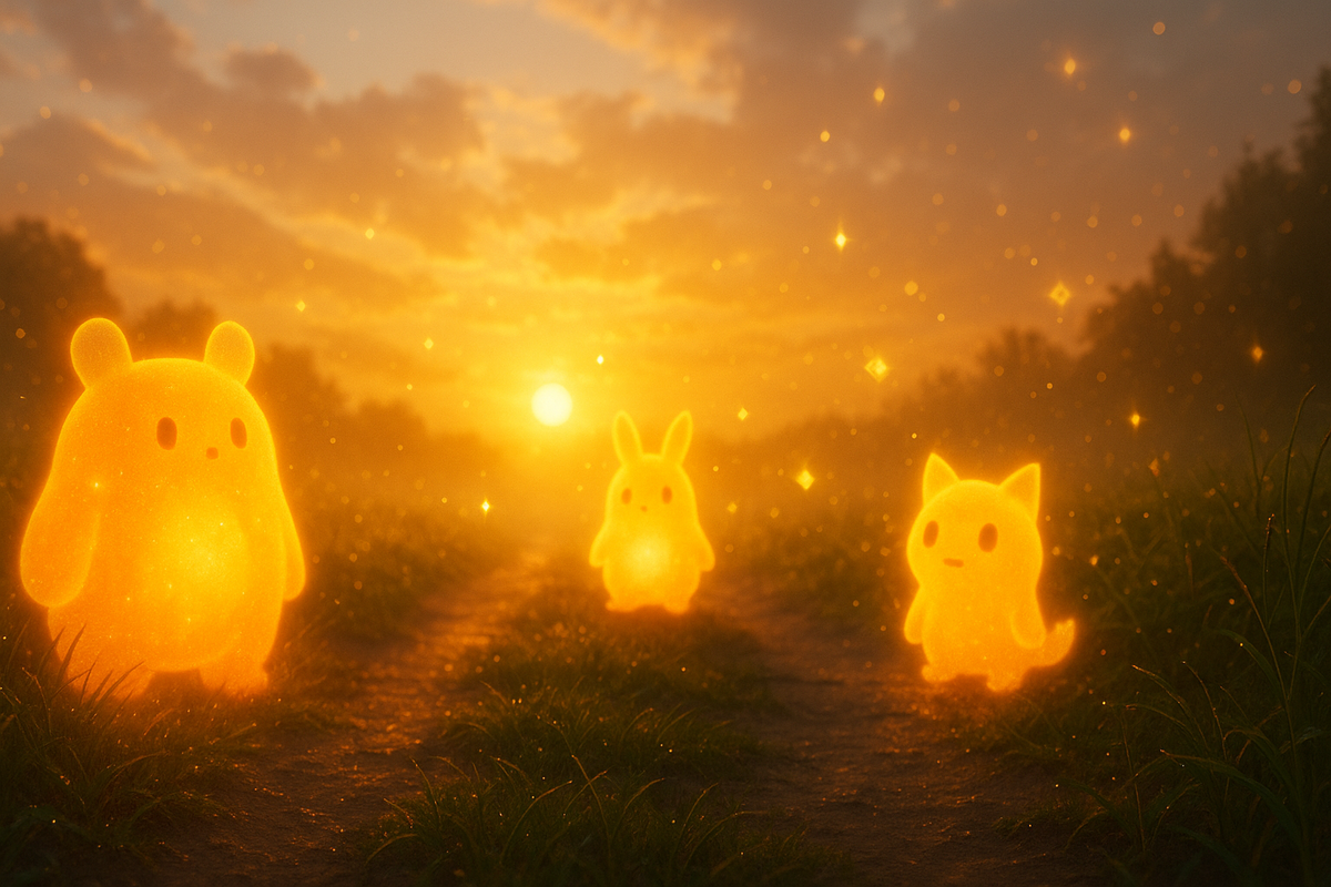 Golden glowing creatures like pom monsters walking under sunset sky—magical shimmer, adorable yet mysterious companions on a radiant path, nostalgic fantasy glow