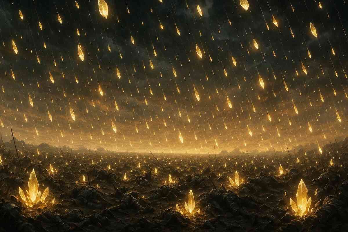 Golden crystal rain falling from stormy skies onto battlefield ruins—dramatic fantasy spectacle of wealth and sorrow, overwhelming treasure energy, apocalyptic mood