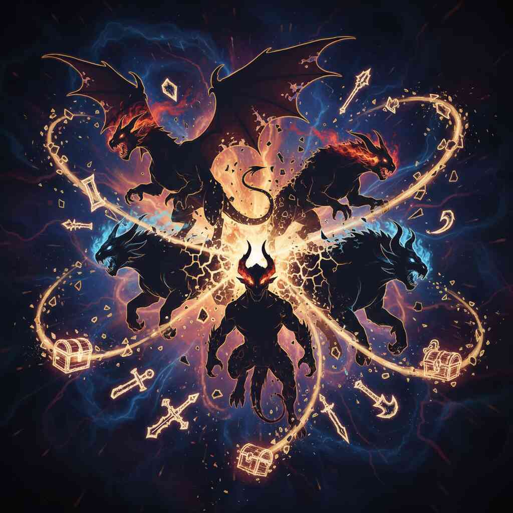 Demonic beasts bursting with fiery power—dragon, wolf, shadow monster surrounded by glowing loot icons—intense boss fight aura, thrilling danger and reward