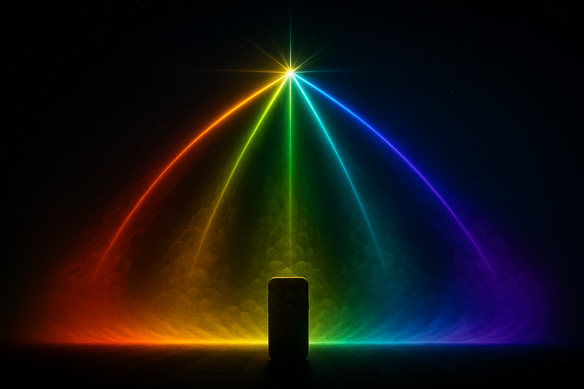 Smartphone bathed in rainbow beams of light—seven-colored energy uniting into one source—epic fantasy of technology fused with magic, emotional radiant climax