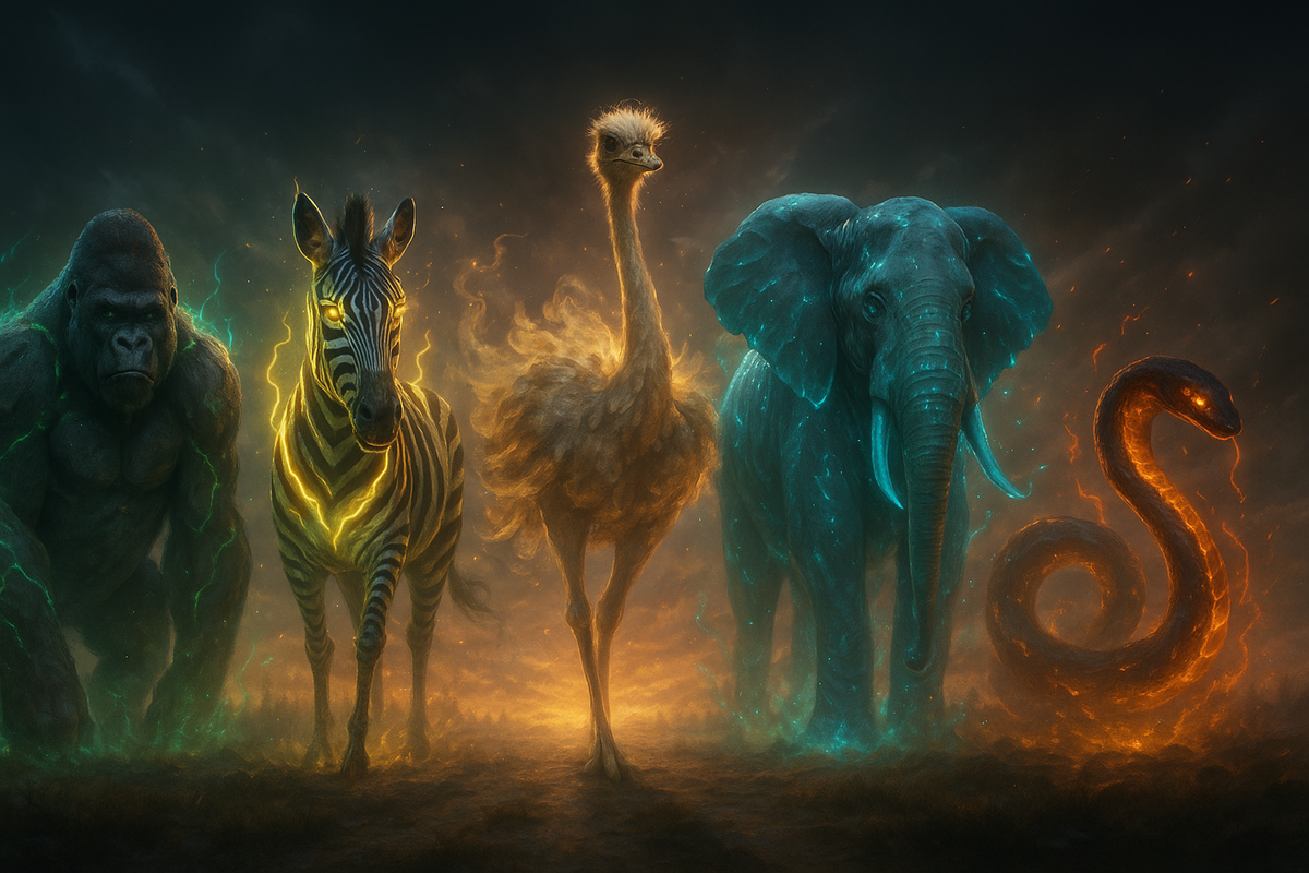 Five legendary animal forms—gorilla, zebra, ostrich, elephant, snake—surrounded by elemental aura, primal strength and transformation glory