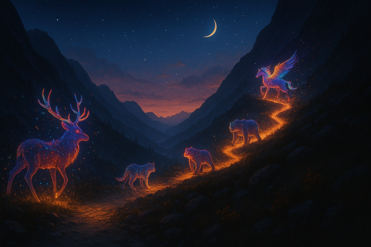 Celestial spirit animals glowing under crescent moon—deer, wolves, and pegasus walking a fiery path through the mountains, dreamlike exploration