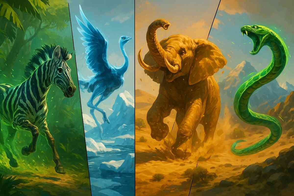 Split-screen of zebra, ostrich, elephant, and snake in elemental terrains—speed, flight, strength, and cunning displayed in vivid contrast