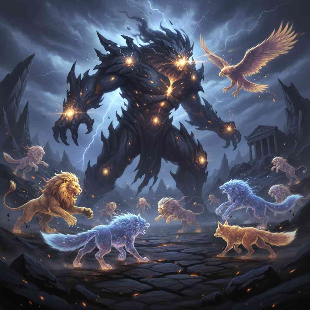 Colossal dark boss towering with glowing weak points, surrounded by lions, wolves, and eagles—epic battle intensity, raw survival energy