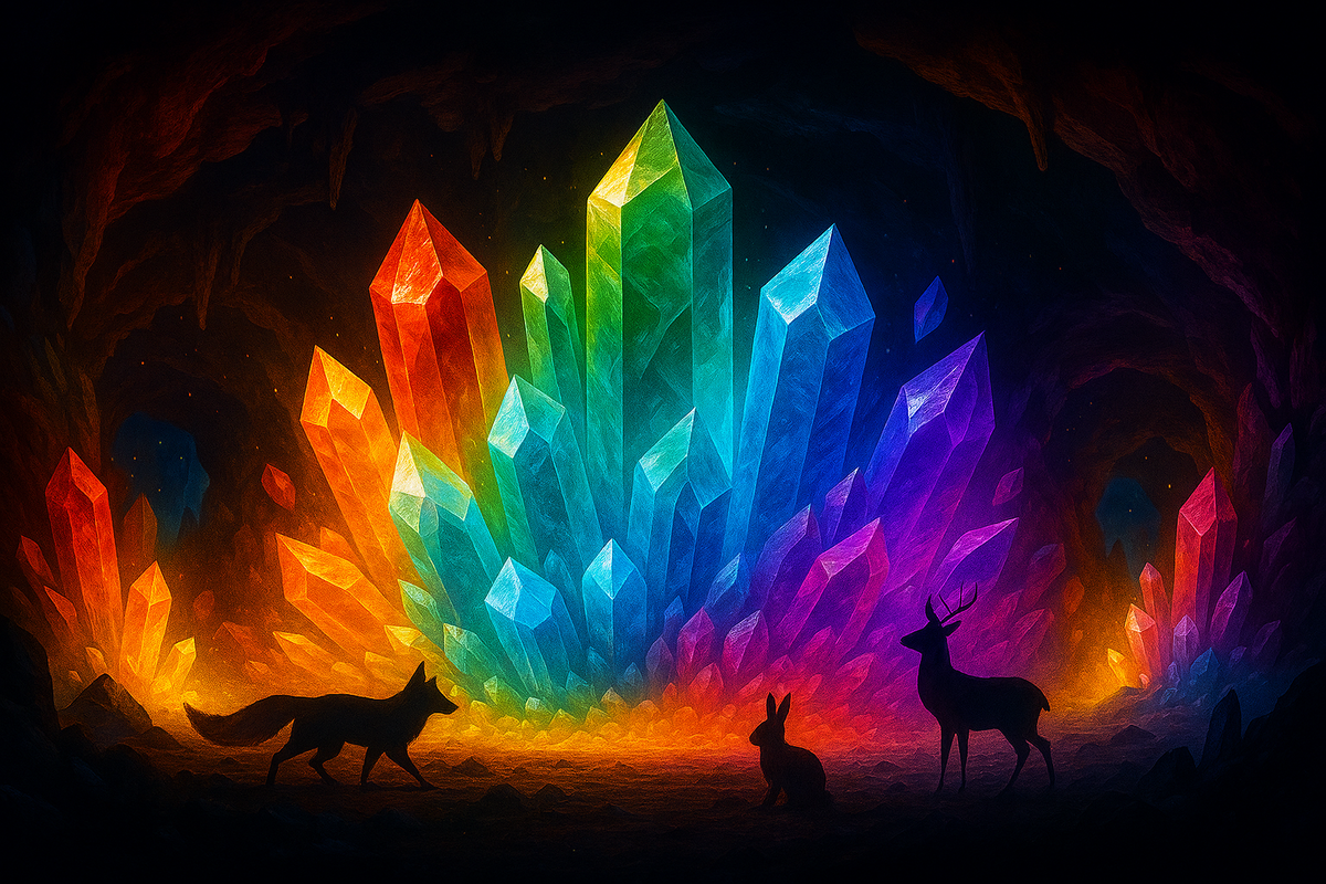 Cave filled with radiant rainbow crystals, fox, rabbit, and deer staring in awe—treasure discovery, magical wonder, uncharted adventure spark