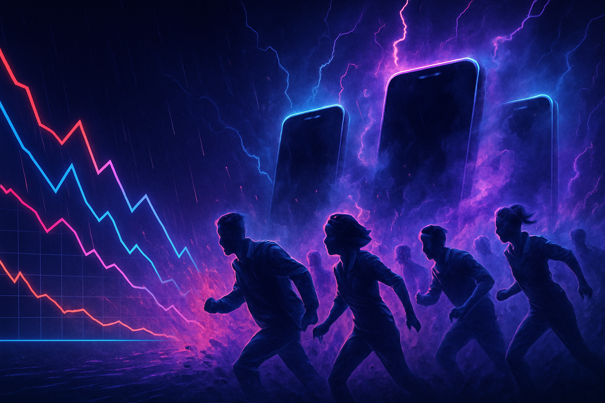 Silhouetted people running in stormy neon chaos, giant smartphones looming as stock prices crash—panic, tension, and unstoppable demand colliding