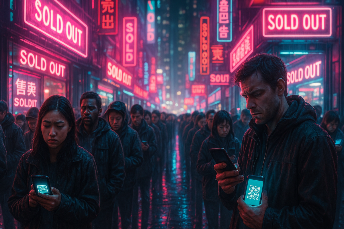 Endless neon “SOLD OUT” signs glowing in rainy city street, people glued to phones with QR codes—hopelessness, urban despair, and vanishing stock drama