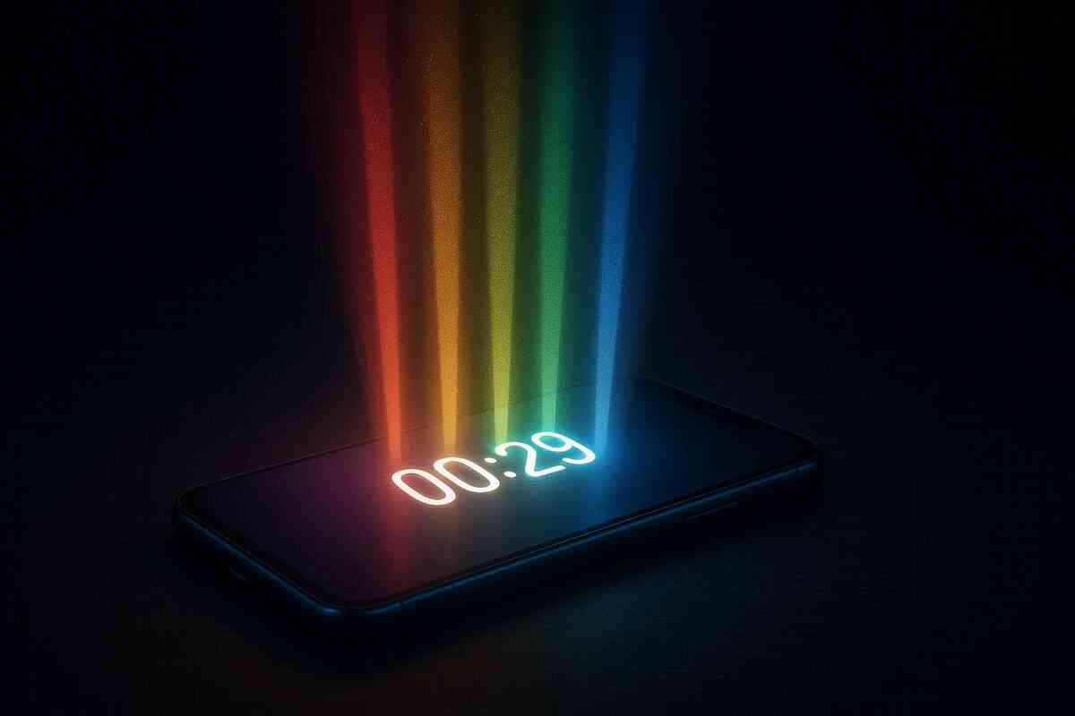 Smartphone glowing with rainbow countdown timer “00:29” in darkness—ticking clock, last chance thrill, and the emotional weight of scarcity