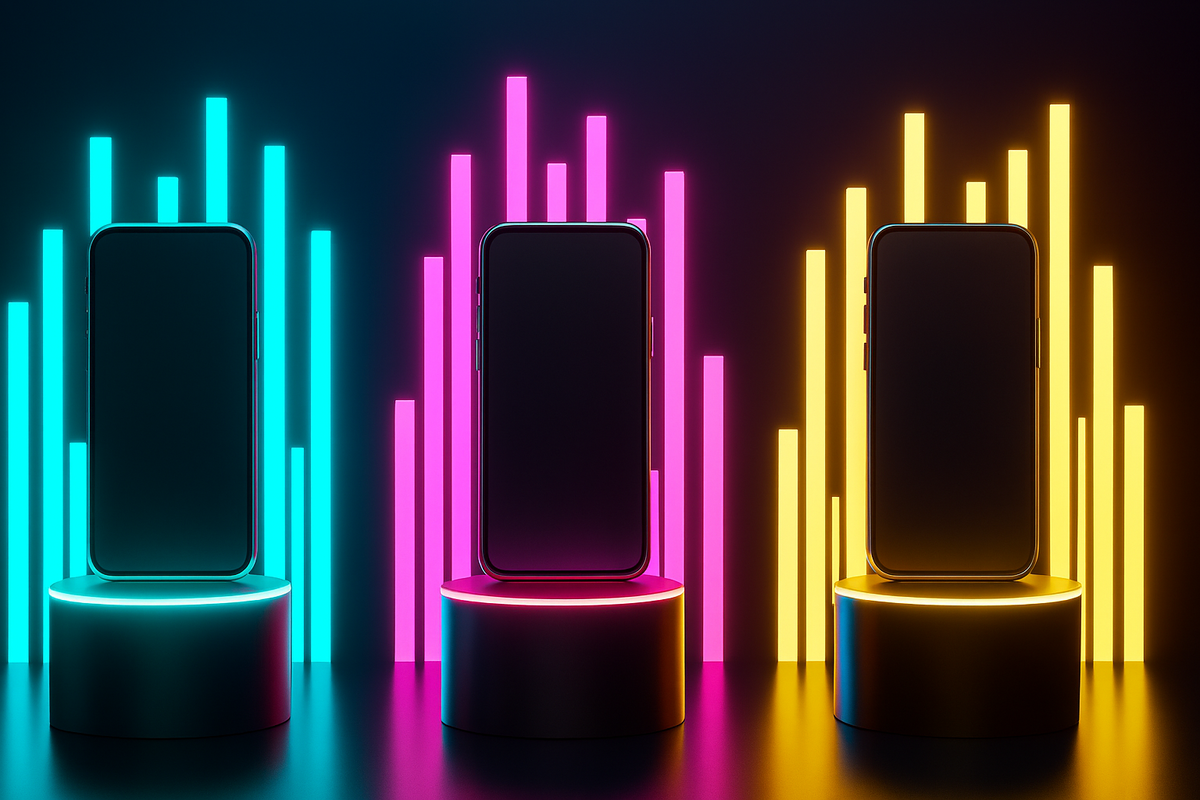 Three smartphones on neon pedestals, blue pink yellow bars shining behind—premium scarcity showcase, dazzling yet unreachable allure