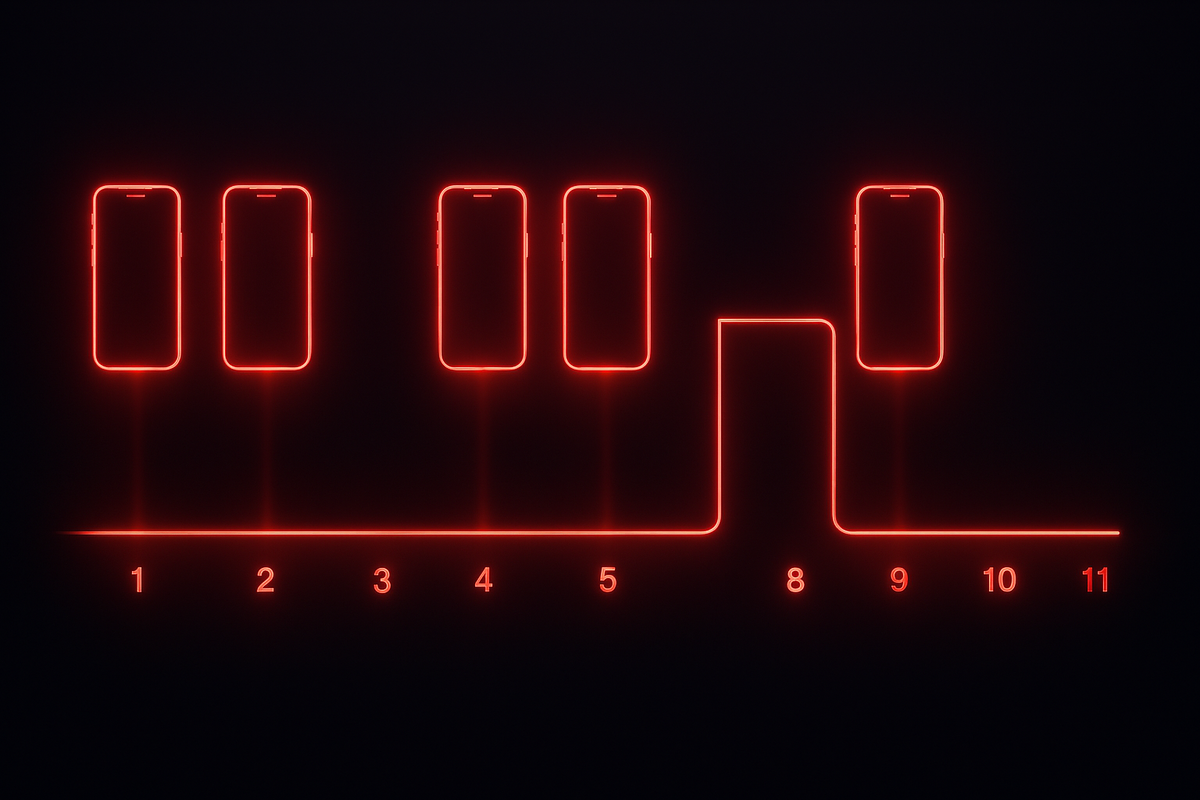 Minimalist neon red stock chart with glowing phone icons, sharp drop and sudden spike—intensity, volatility, and the raw emotion of supply chaos