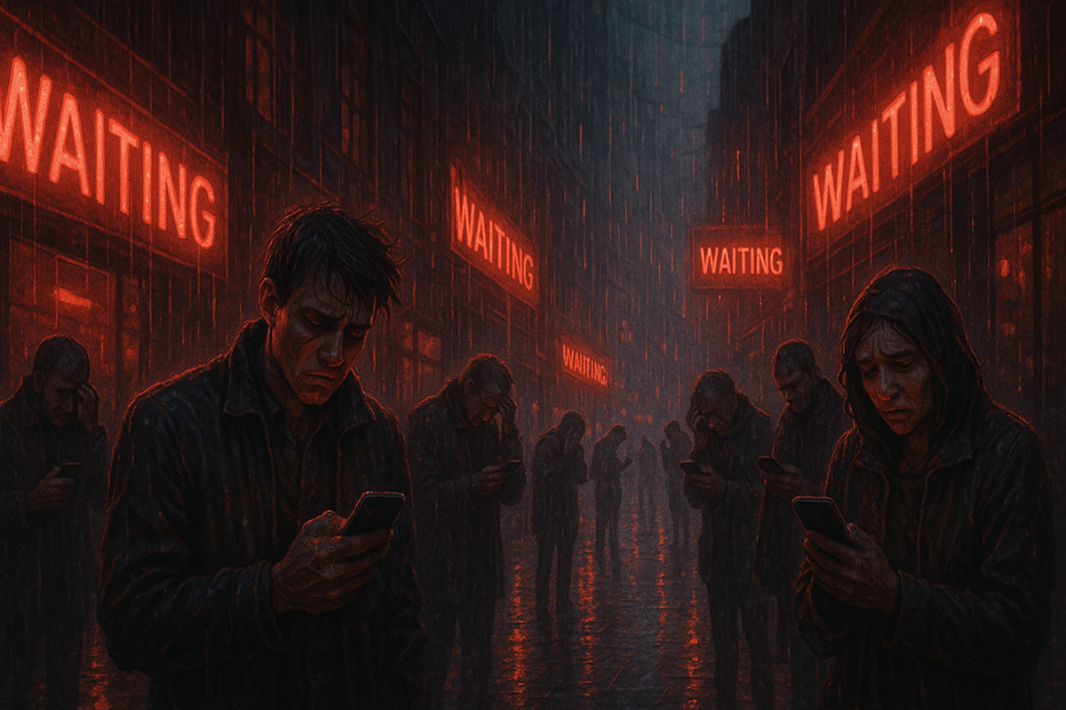 Rain-soaked crowd under neon “WAITING” signs—faces lit by phones, hopeless expressions, raw frustration of endless iPhone preorder delays