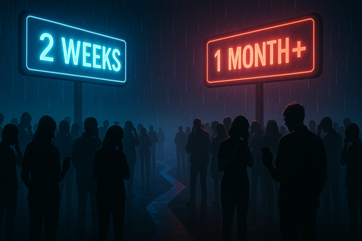 Blue “2 WEEKS” sign vs red “1 MONTH+” sign—crowd split in the rain, symbolic crossroad of patience and despair, powerful visual of wait-time chaos