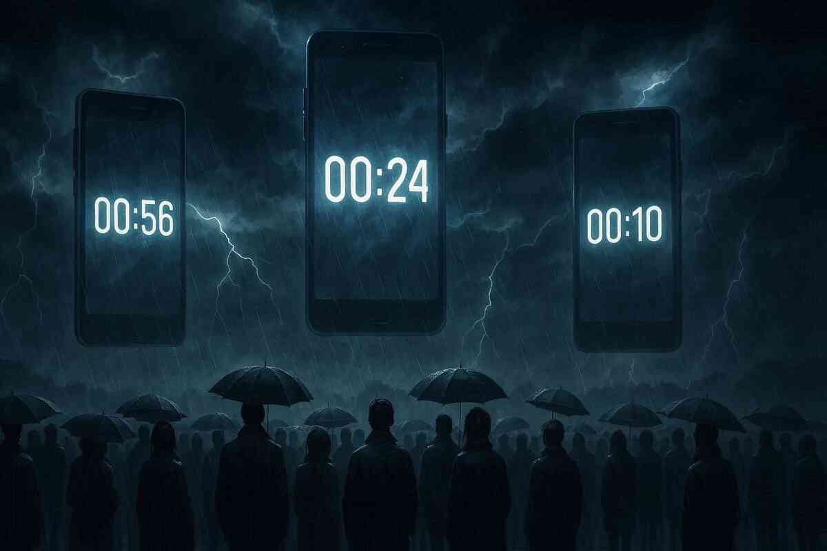 Stormy sky with giant phones glowing countdown timers—crowd with umbrellas staring upward, dramatic tension, thunderous energy of supply shortage
