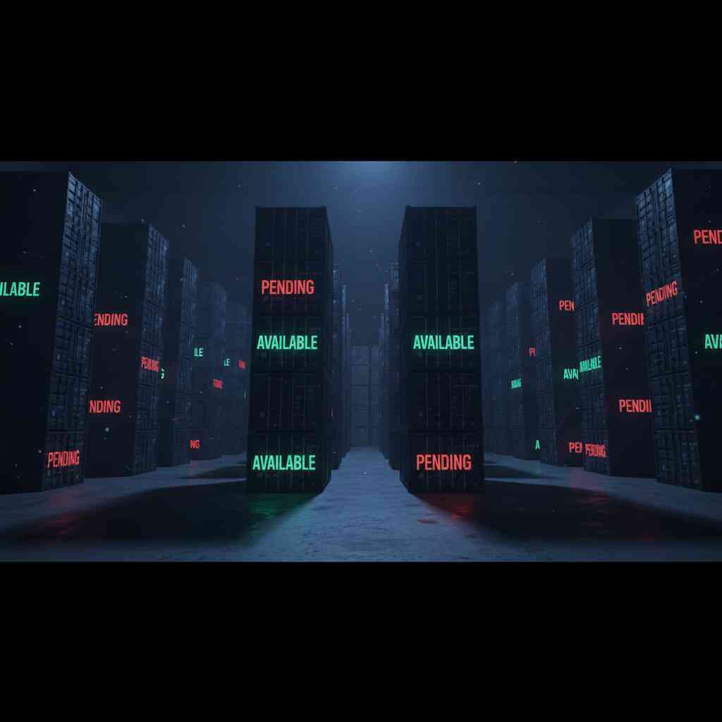 Warehouse of glowing crates—some marked AVAILABLE in green, others PENDING in red—moody futuristic stockroom showing fragile balance of supply and demand
