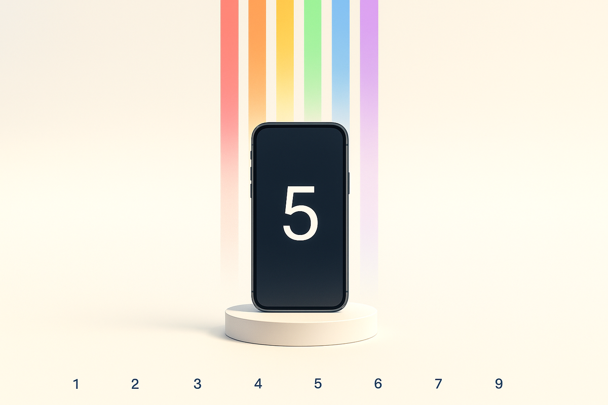 Minimalist phone with number 5, rainbow beams rising upward—hopeful countdown aura, anticipation energy, vibrant symbol of the wait for iPhone arrival