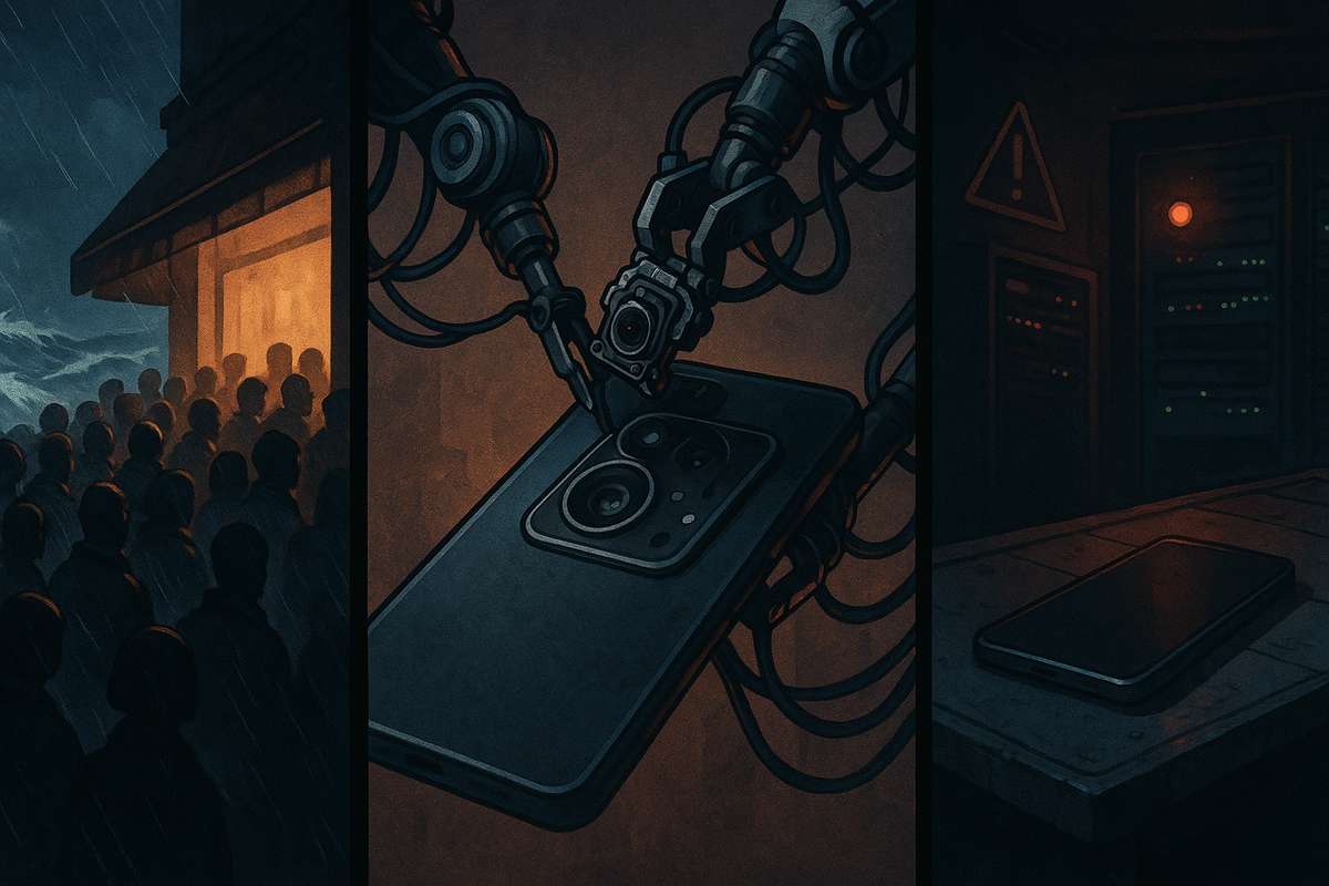 Stormy crowd lining up in the rain, robotic arms assembling a flagship phone, dark server room glowing red—dramatic truth of production stress, system errors, and crushing demand