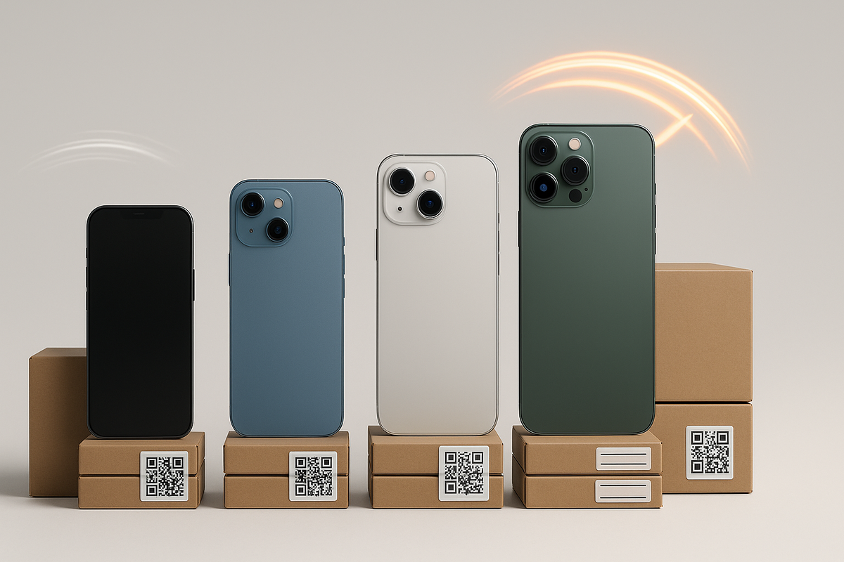 Four unbranded smartphones lined up on cardboard boxes with glowing speed arcs—clear comparison of models, capacity, and delivery speed—hopeful yet tense product lineup
