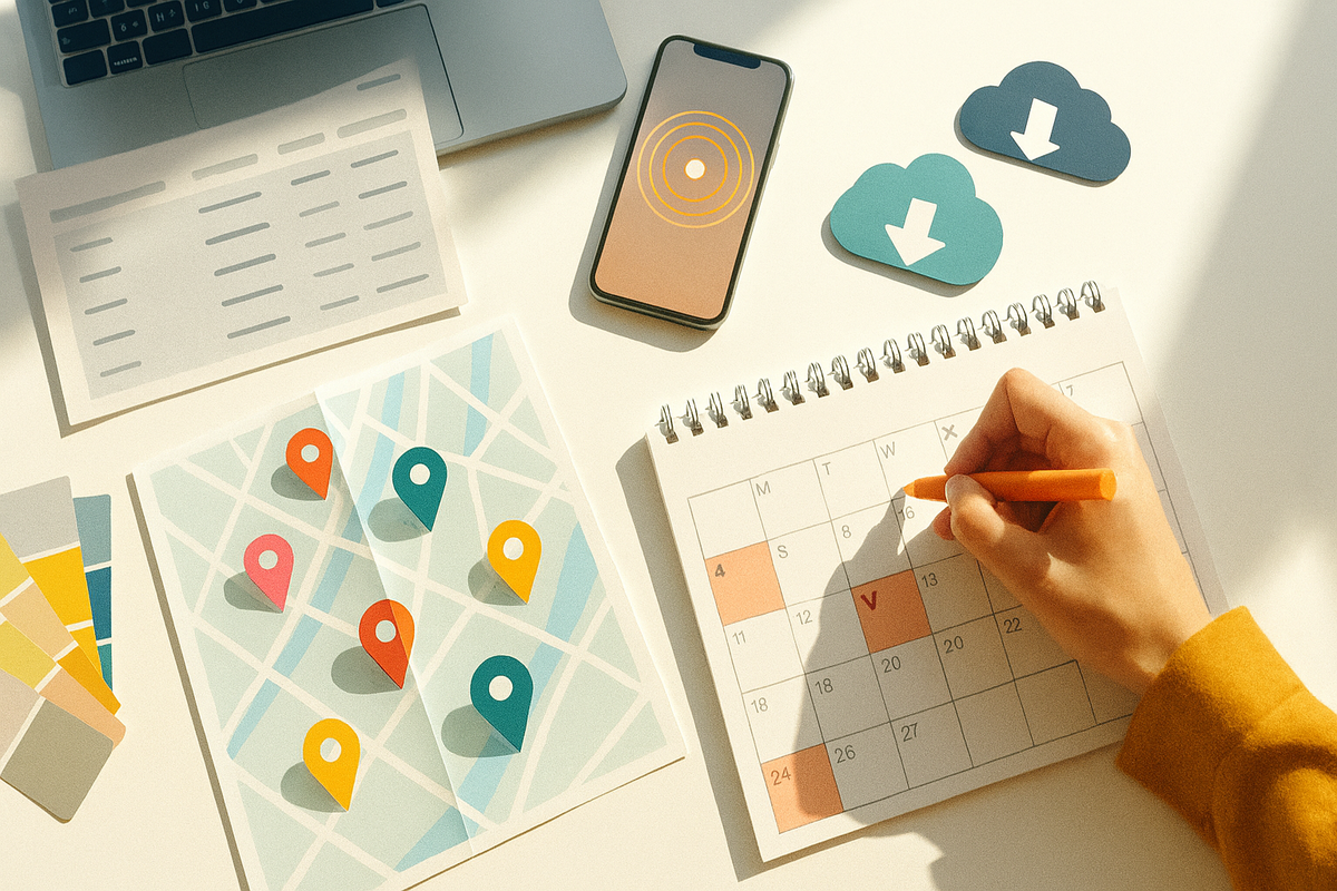 Bright desk with calendar, map pins, and a glowing smartphone notification—hopeful planning, urgency of timing, and the emotional race to shorten waiting days