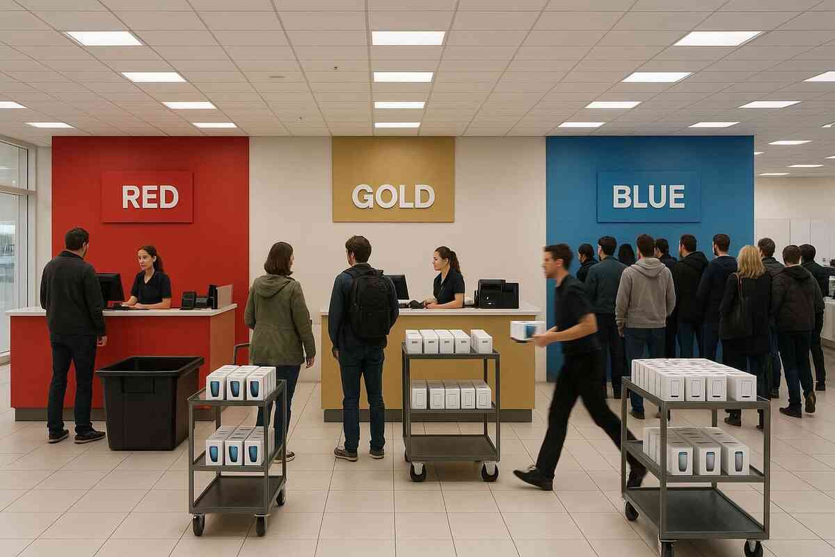 Modern carrier hall with red, gold, and blue counters, long lines at one side while another desk is nearly empty—visual tension of unequal speed, decisive moment to choose faster service