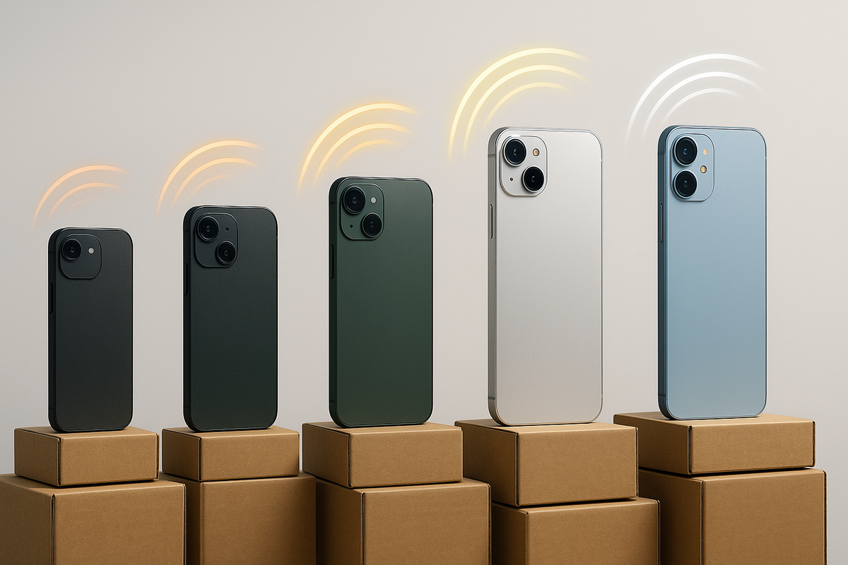 Lineup of unbranded smartphones on cardboard pedestals with glowing speed arcs—dramatic visual of delivery race between models, tense yet hopeful