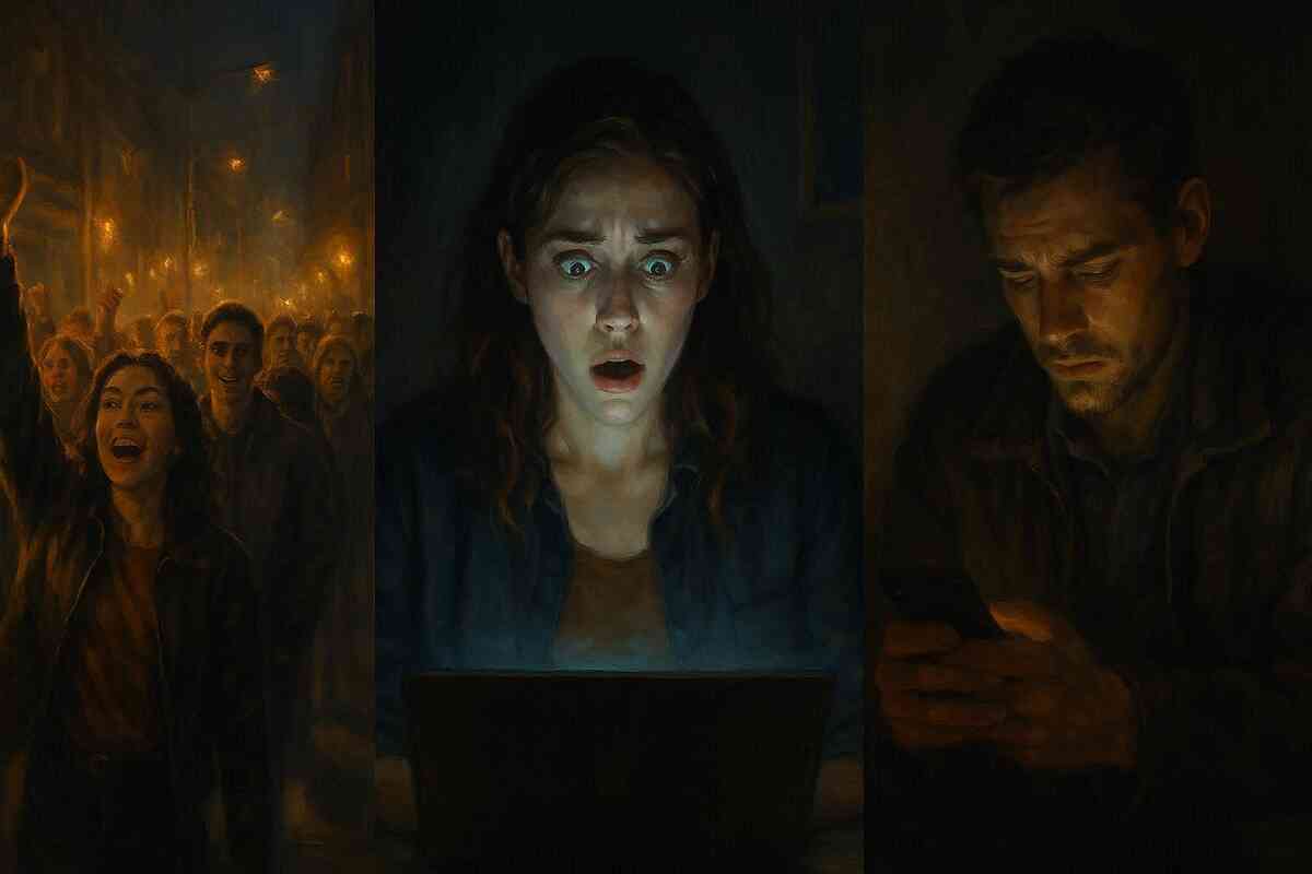 Split-scene of cheering crowd, shocked woman at laptop, and man in dim silence—raw emotions of joy, disbelief, and frustration in real preorder journeys