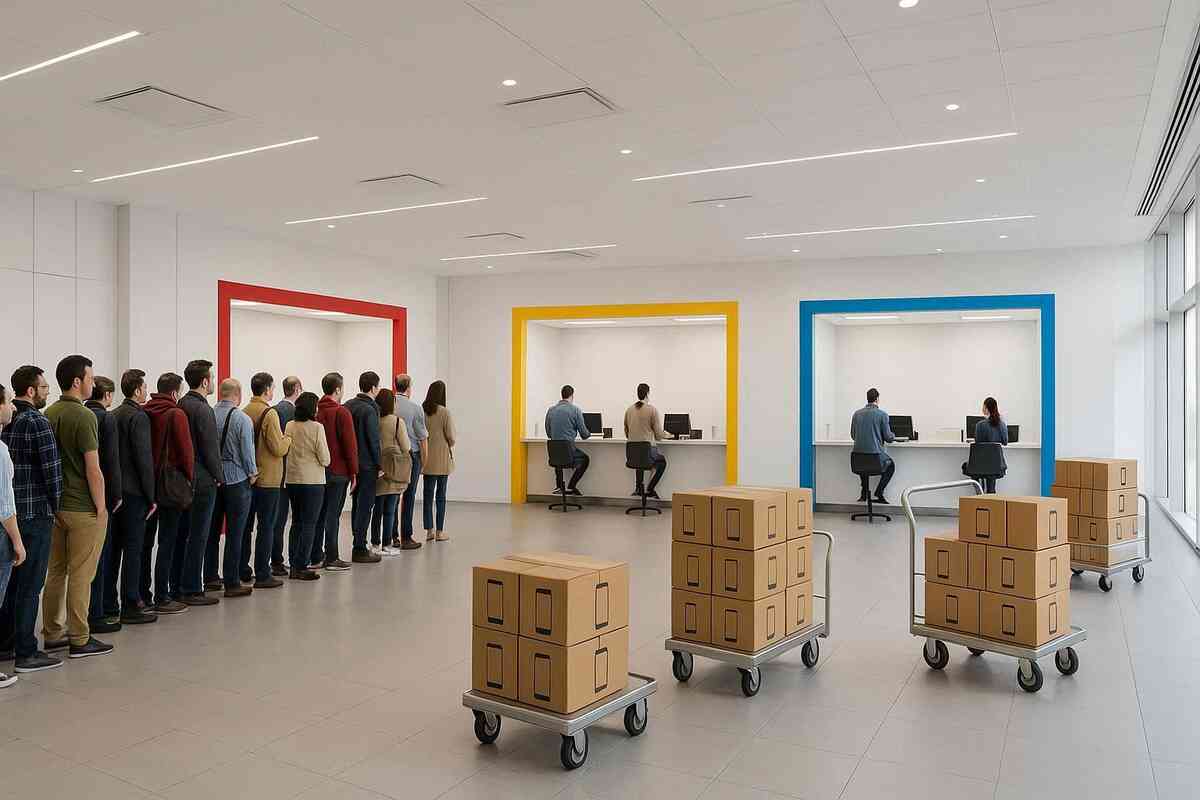Modern bright carrier hall with red, yellow, and blue counters—one side crowded with long anxious line, others nearly empty—symbol of unequal waiting times