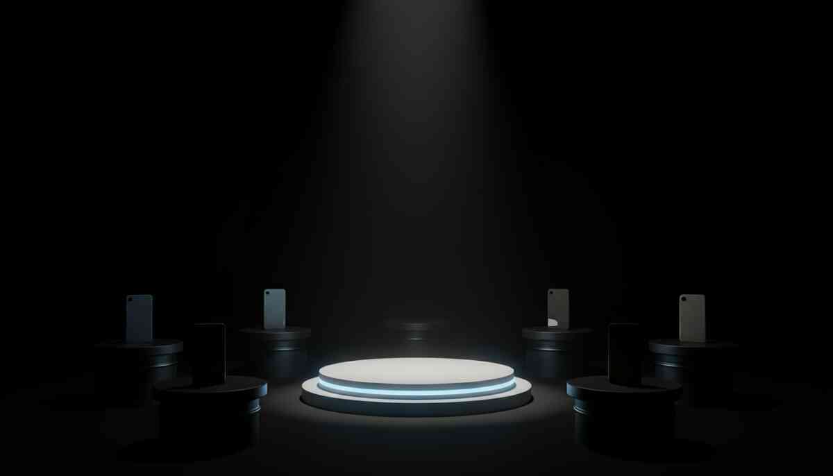 Dark spotlight on empty glowing pedestal surrounded by shadowed phones—emotional symbol of scarcity, rarest models hidden in dramatic mystery