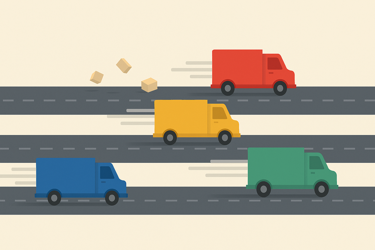 Four colorful delivery trucks racing on parallel roads, some dropping boxes behind—emotional race of carriers battling speed, winners and stragglers exposed