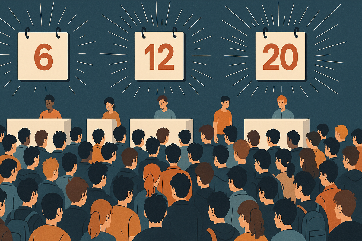 Crowded lottery hall with flashing calendar dates and anxious fans—tense anticipation, collective heartbeat, emotional countdown to抽選結果