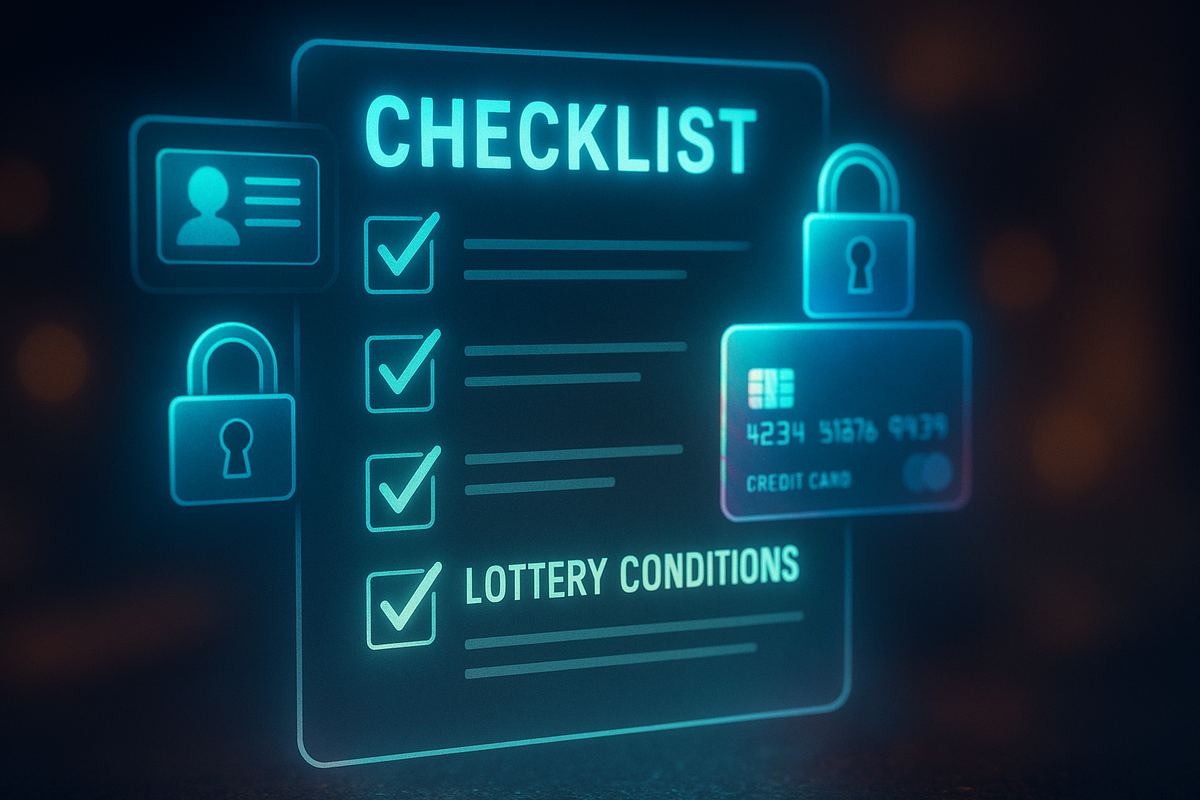 Glowing digital checklist with ID, locks, and credit card—strict lottery conditions, emotional pressure, hopeful yet cautious application process