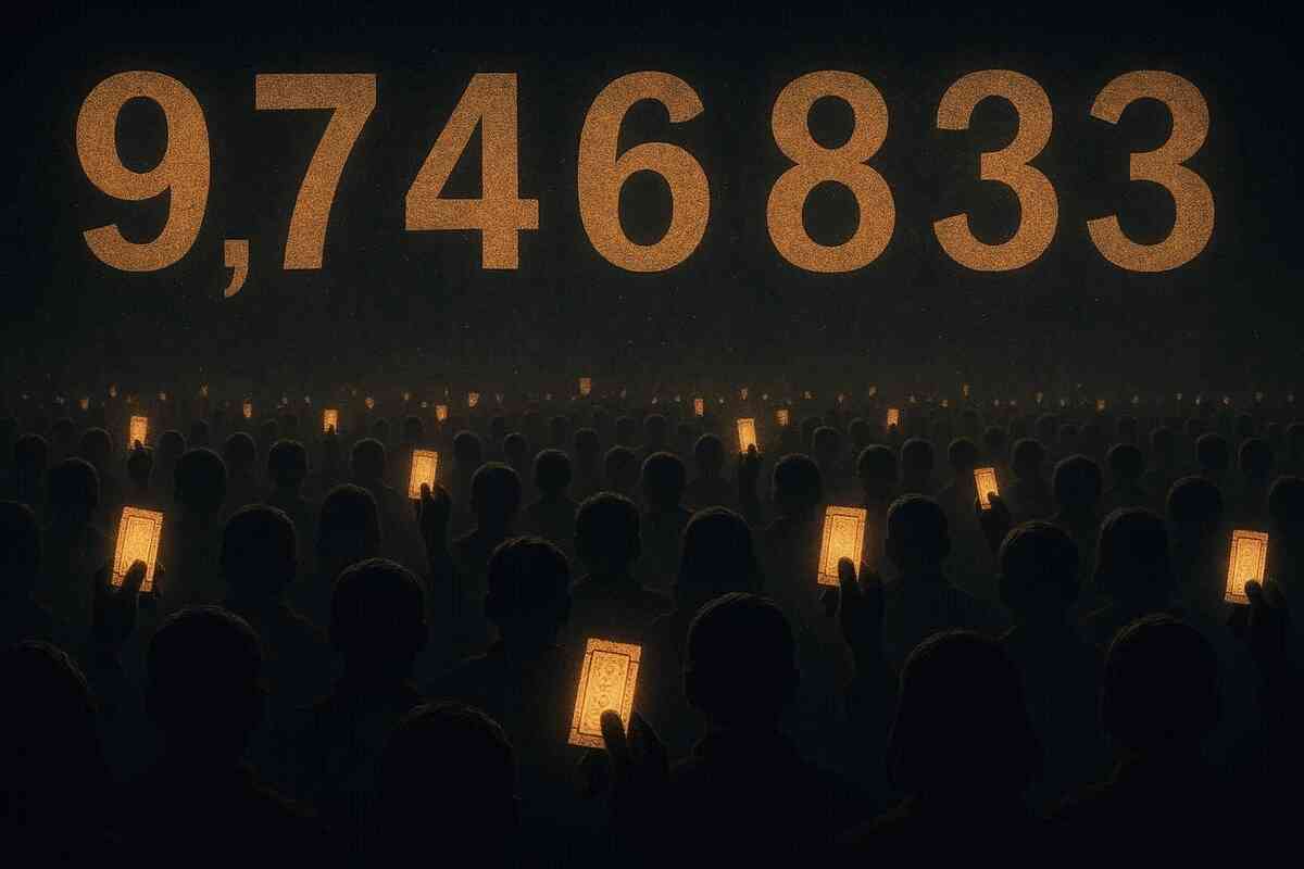 Endless crowd raising glowing tickets under massive numbers—overwhelming抽選倍率, emotional flood of applicants, fragile hope against impossible odds