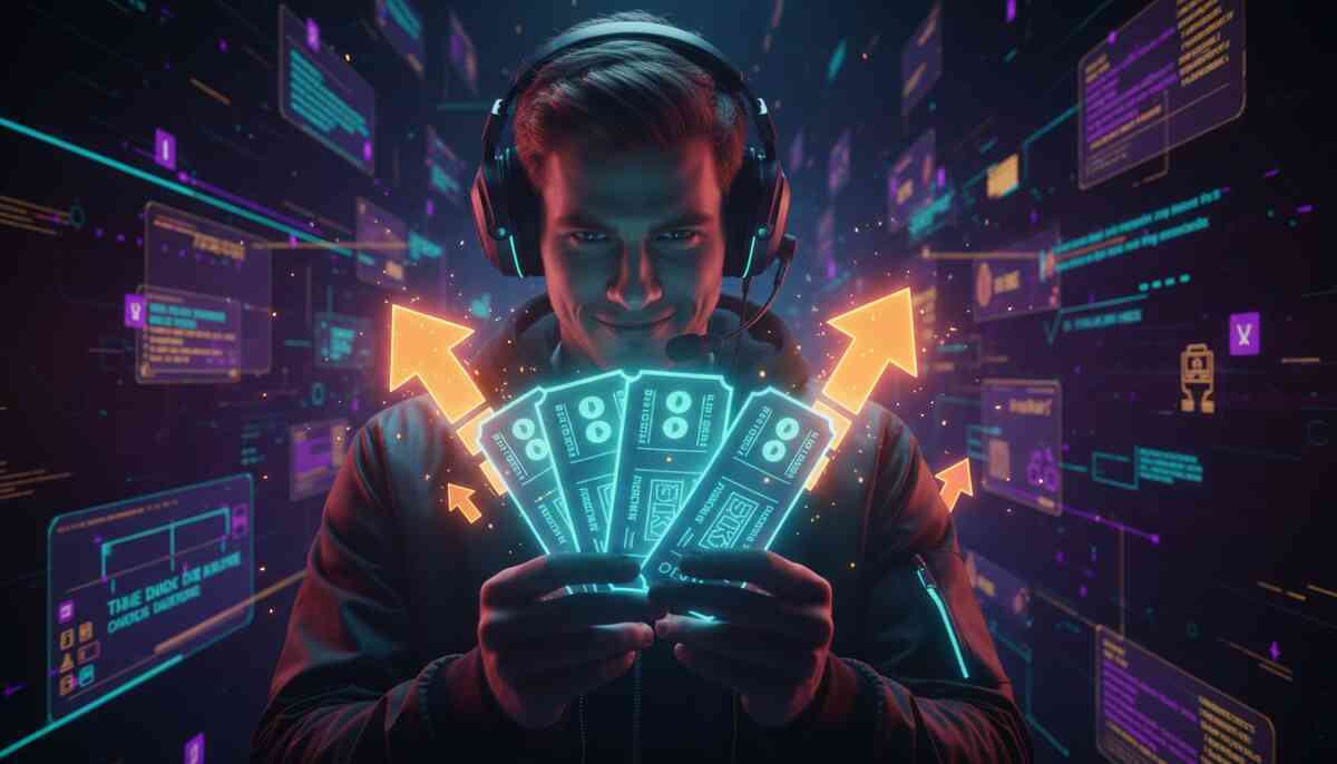 Confident gamer holding multiple glowing tickets with upward arrows—winning strategy, hopeful energy, practical hacks to boost抽選当選 chances