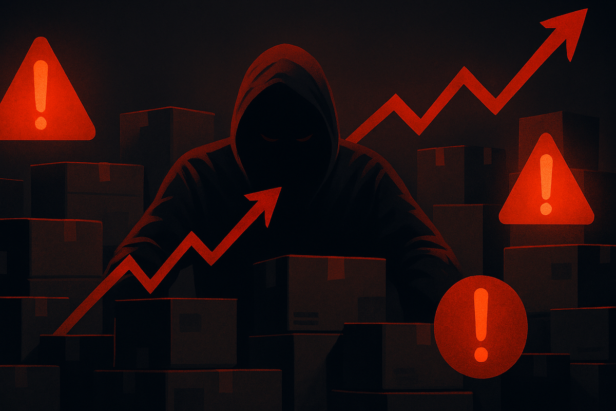 Dark hooded figure with red warning arrows and boxes—ominous転売 surge, dangerous market, emotional warning against scams and skyrocketing resale prices