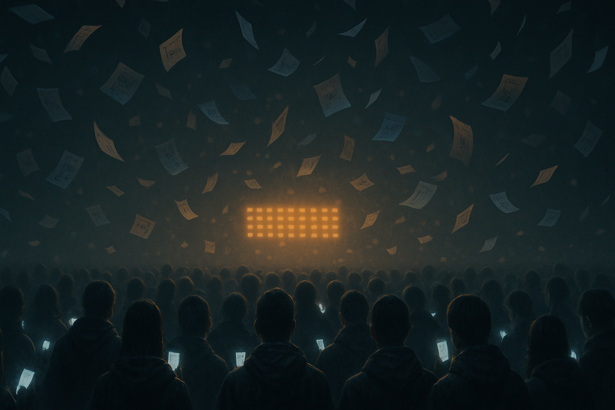 Crowd of anxious silhouettes staring at glowing lottery board—digital papers floating in stormy night air—tense announcement moment, hope vs despair energy