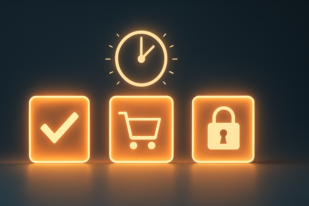 Neon glowing icons checklist-cart-lock under ticking clock—urgent deadline pressure for winners to secure payment, electrifying countdown tension