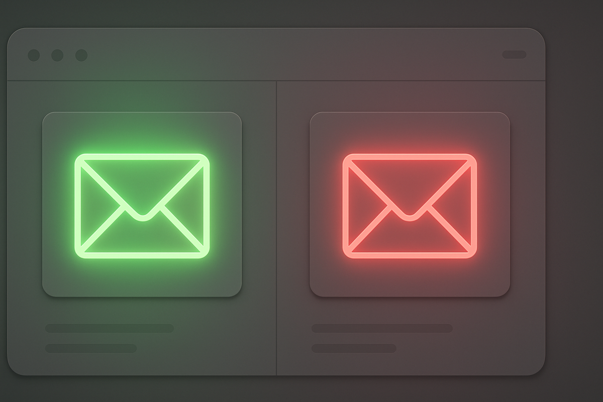 Green email icon shining with joy vs red email burning with despair—sharp emotional contrast of winning and losing lottery notifications, heart-racing inbox drama