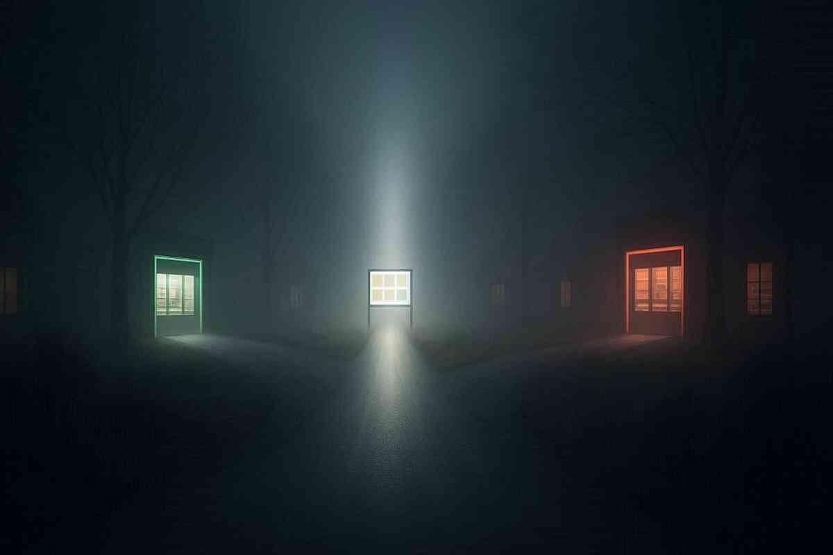 Foggy crossroads glowing with green, white, and red doors—metaphorical choices after lottery loss, haunting uncertainty, fragile hope illuminated