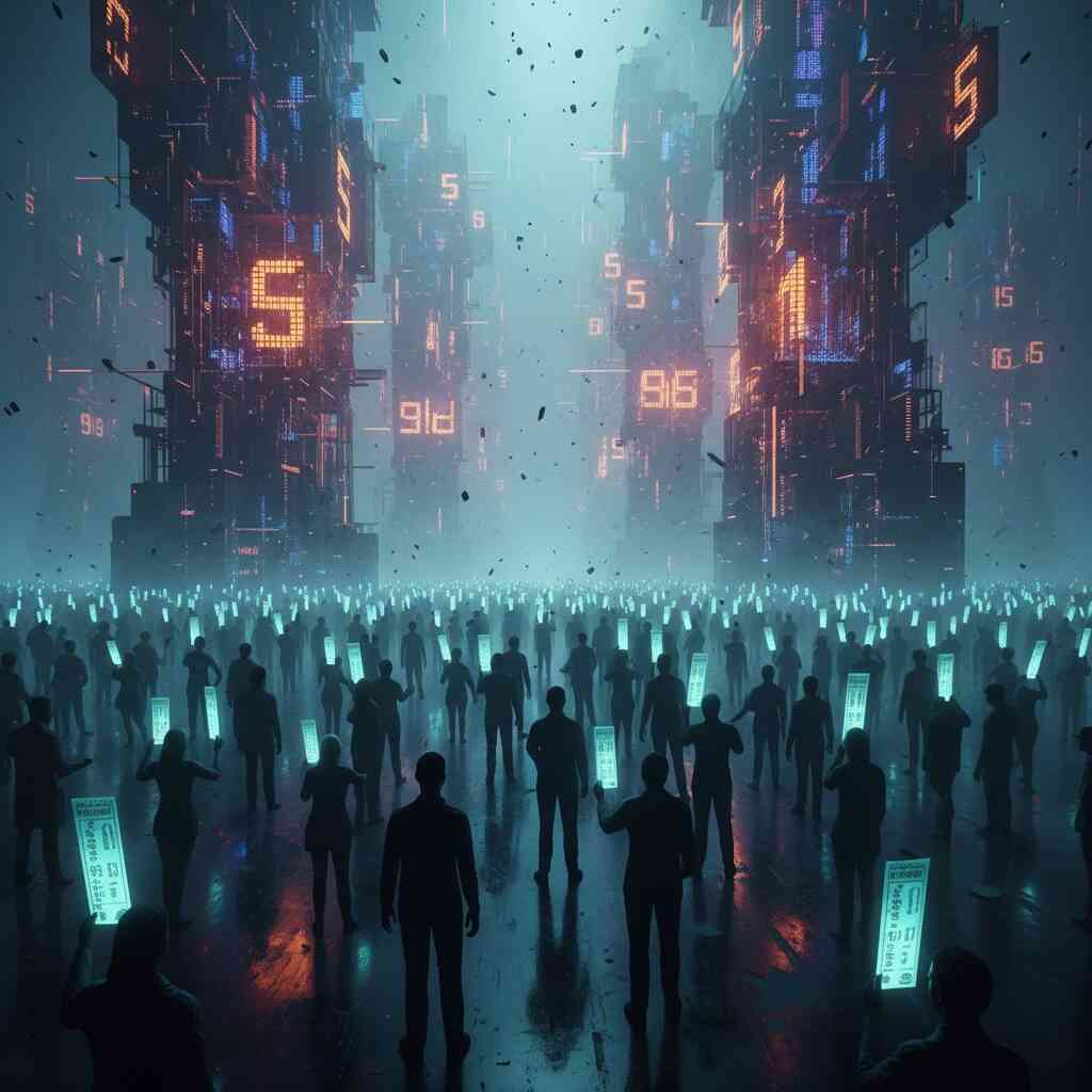 Massive futuristic towers of glowing numbers—endless crowd holding blue lottery tickets—overwhelming scale of competition, breathtaking cyber intensity