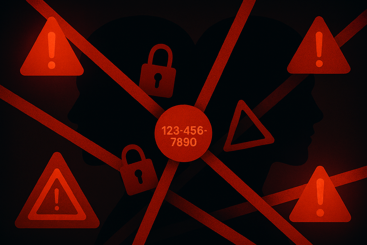 Red warning triangles, padlocks, and phone numbers crossing silhouettes—dark trap of invalid entries, hidden dangers, fear of disqualification exposed