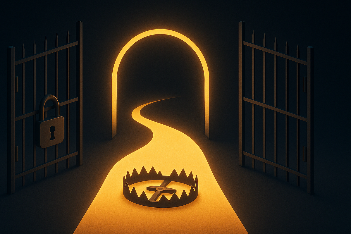 Golden path leading through open gates with a hidden bear trap glowing ahead—illusory hope, deceptive opportunity, shocking trap waiting in the shadows