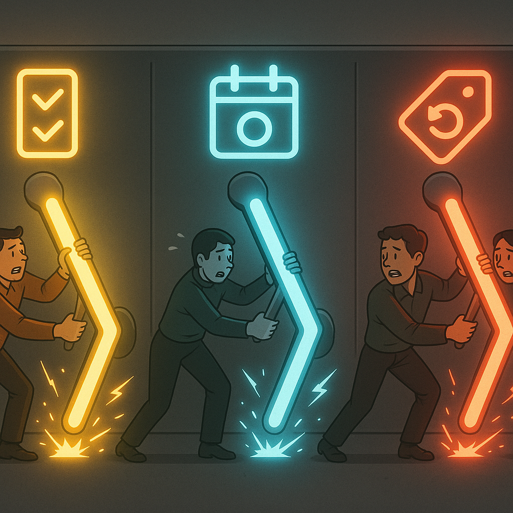 Three exhausted figures pulling giant neon levers labeled checklist, calendar, and resale tag—struggle of rules, time pressure, and resale chaos in brutal lottery
