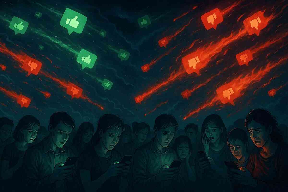 Dark crowd staring at phones as green thumbs-up icons clash with red thumbs-down meteors in the sky—overwhelming storm of wins and crushing losses, emotional battlefield