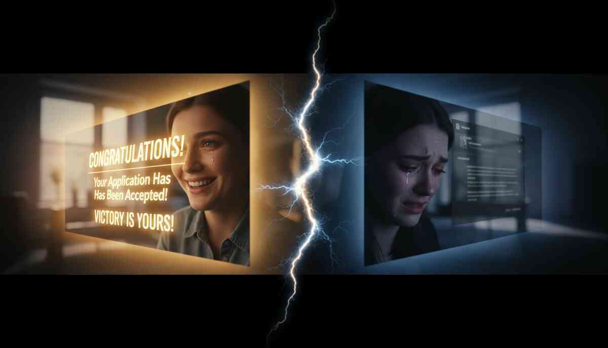 Split-screen of one person smiling with tears at “Congratulations!” message versus another crying at rejection email—ecstatic triumph colliding with heartbreaking defeat