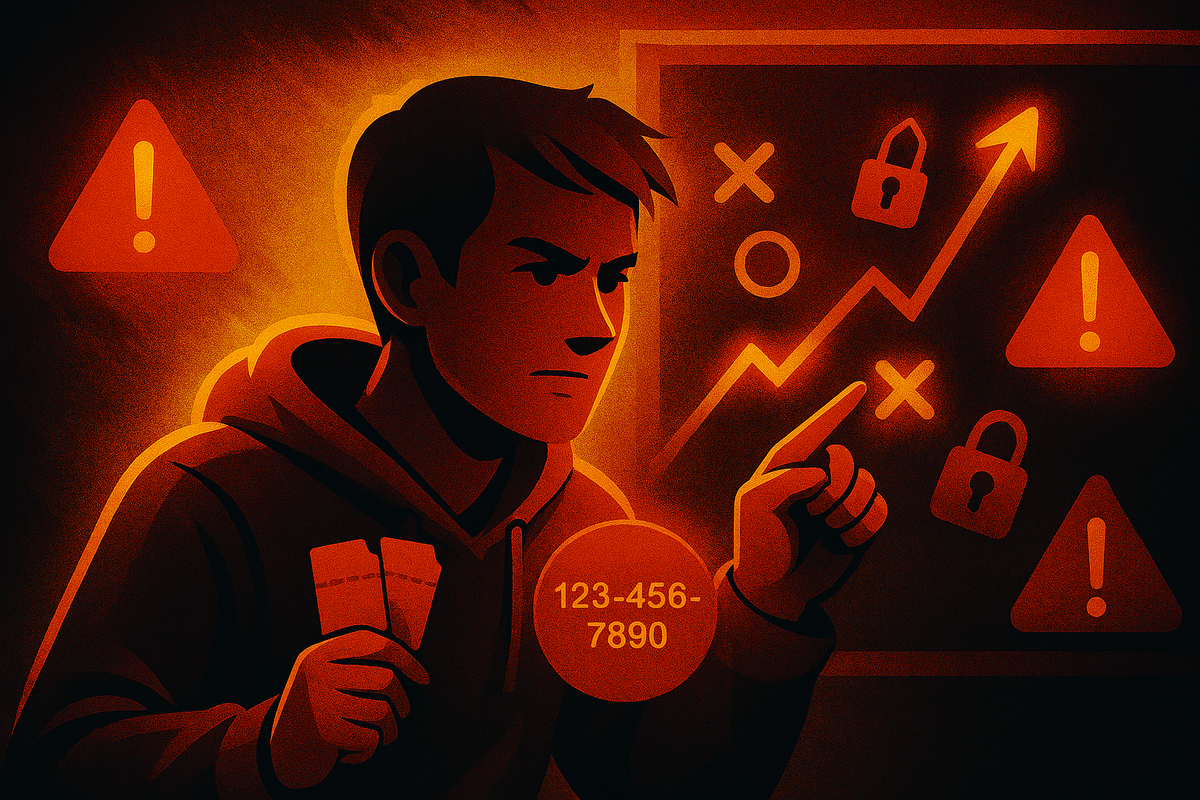 Dark glowing figure clutching tickets while pointing at a chaotic board of locks, warning signs, and rising arrows—schemes, danger, and the fiery battle of scalpers
