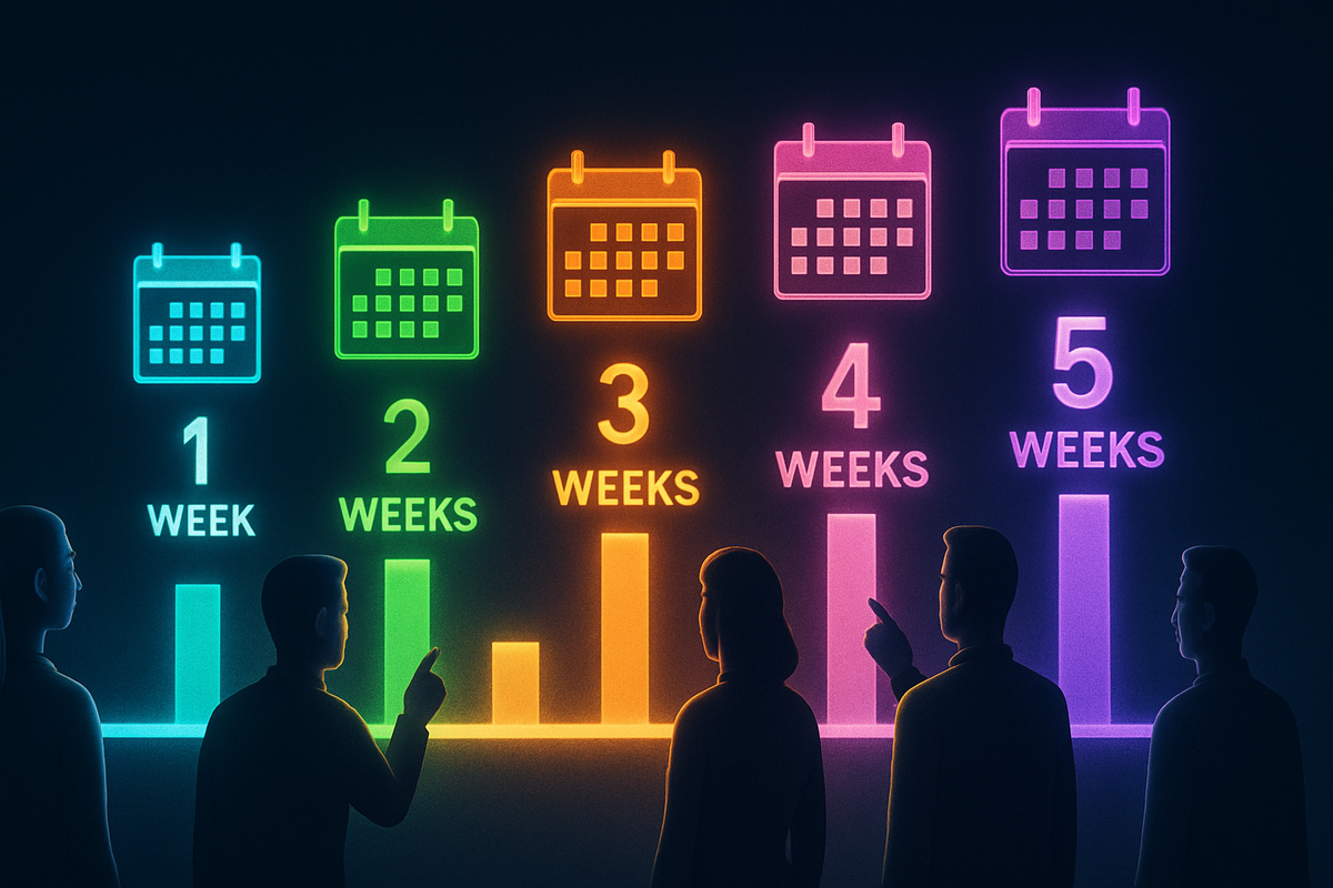 Vivid neon calendar bars glowing week by week—1 to 5 weeks delay—people pointing with hope and worry, urgent countdown vibe, colorful tension of waiting time