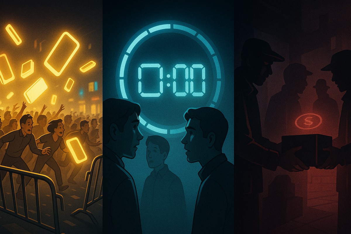 Three-panel chaos: glowing phones raining in a crowd rush, midnight zero-hour countdown, shady underground resale deal—drama of frenzy, suspense, and shadowy market