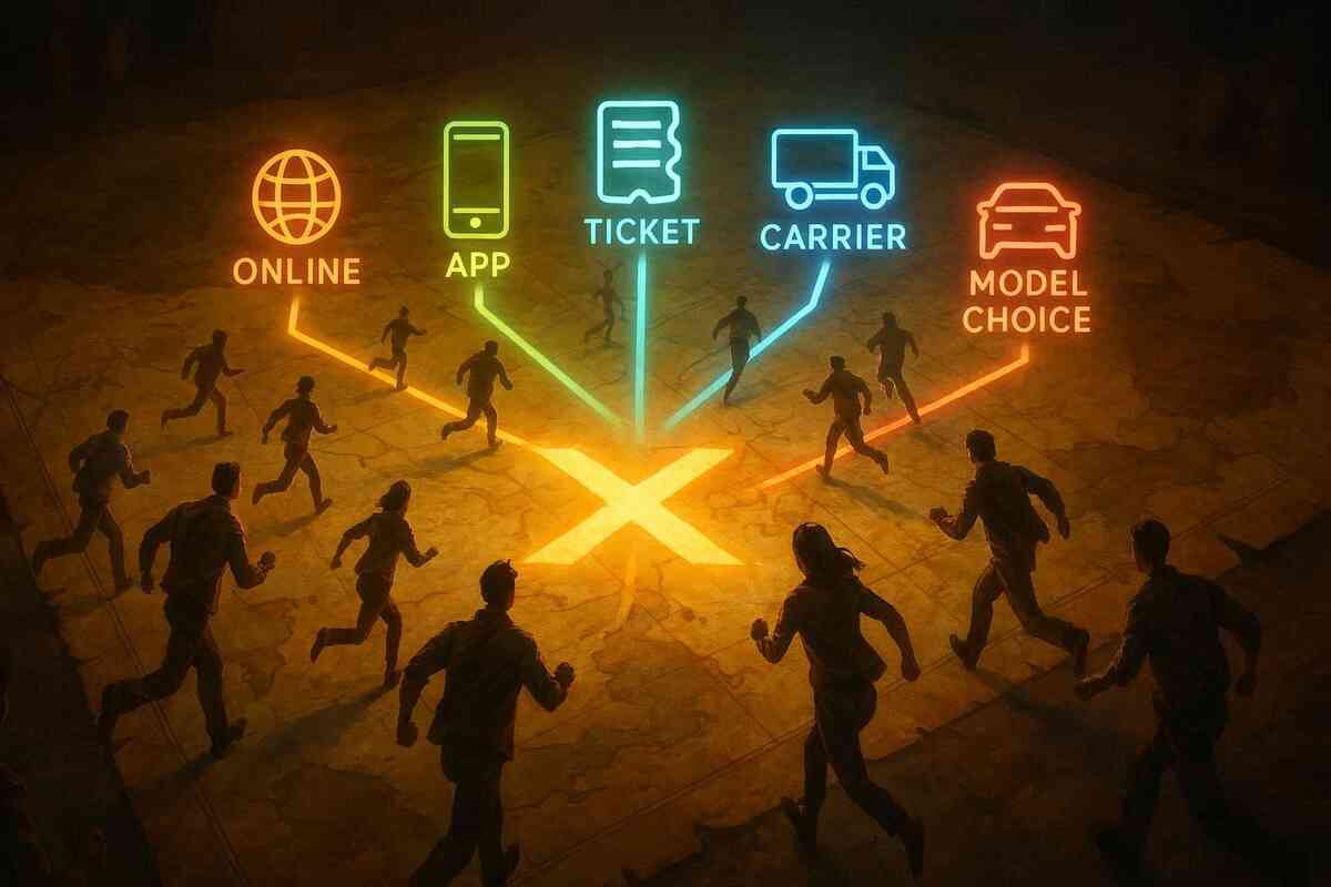 Arena of glowing paths—ONLINE, APP, TICKET, CARRIER, MODEL CHOICE—people running toward neon choices, burning urgency, hopeful desperation in pursuit of devices