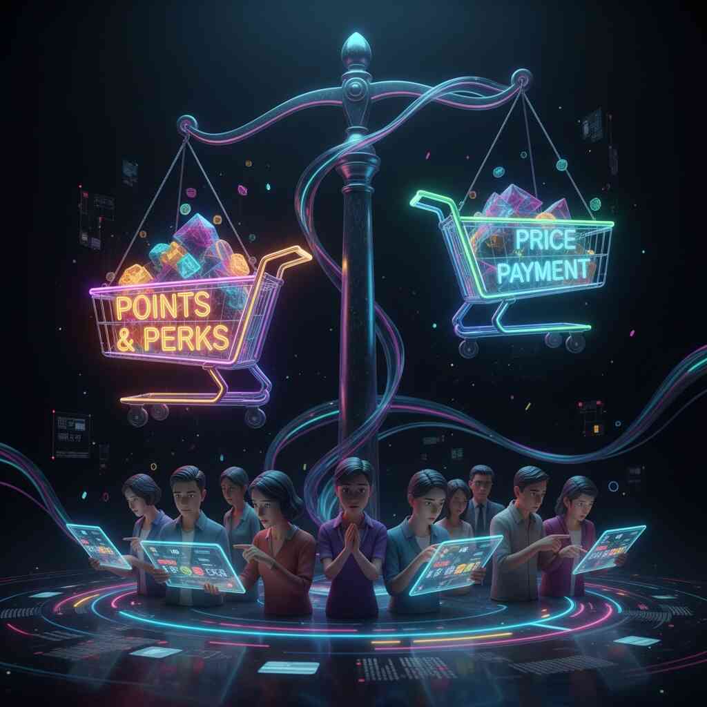 Neon balance scales with shopping carts—one heavy with POINTS & PERKS, the other PRICE PAYMENT—people praying, comparing screens, emotional dilemma of savings vs cost